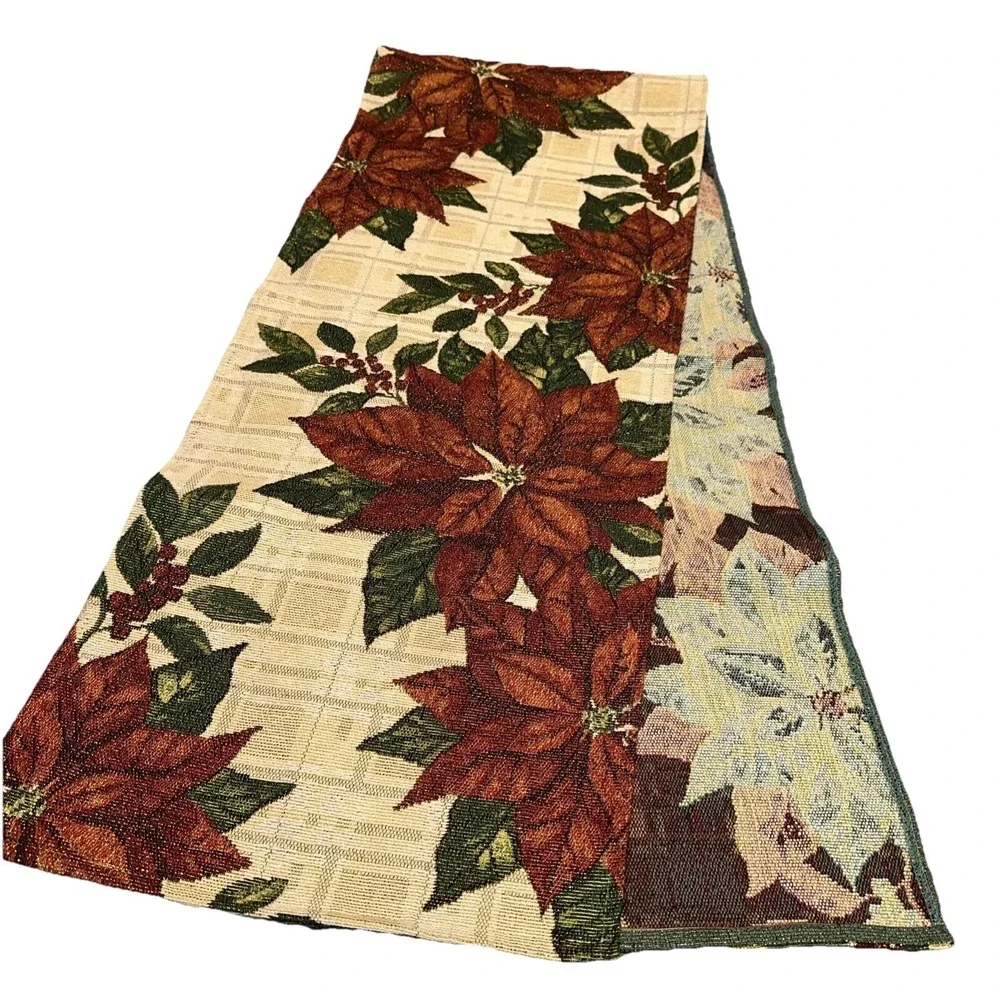Christmas Table Runner Poinsettia Cream Brocade Tapestry 13